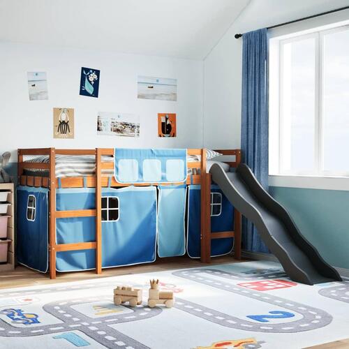 Højseng med gardiner 90x200 cm massivt fyrretræ blå
