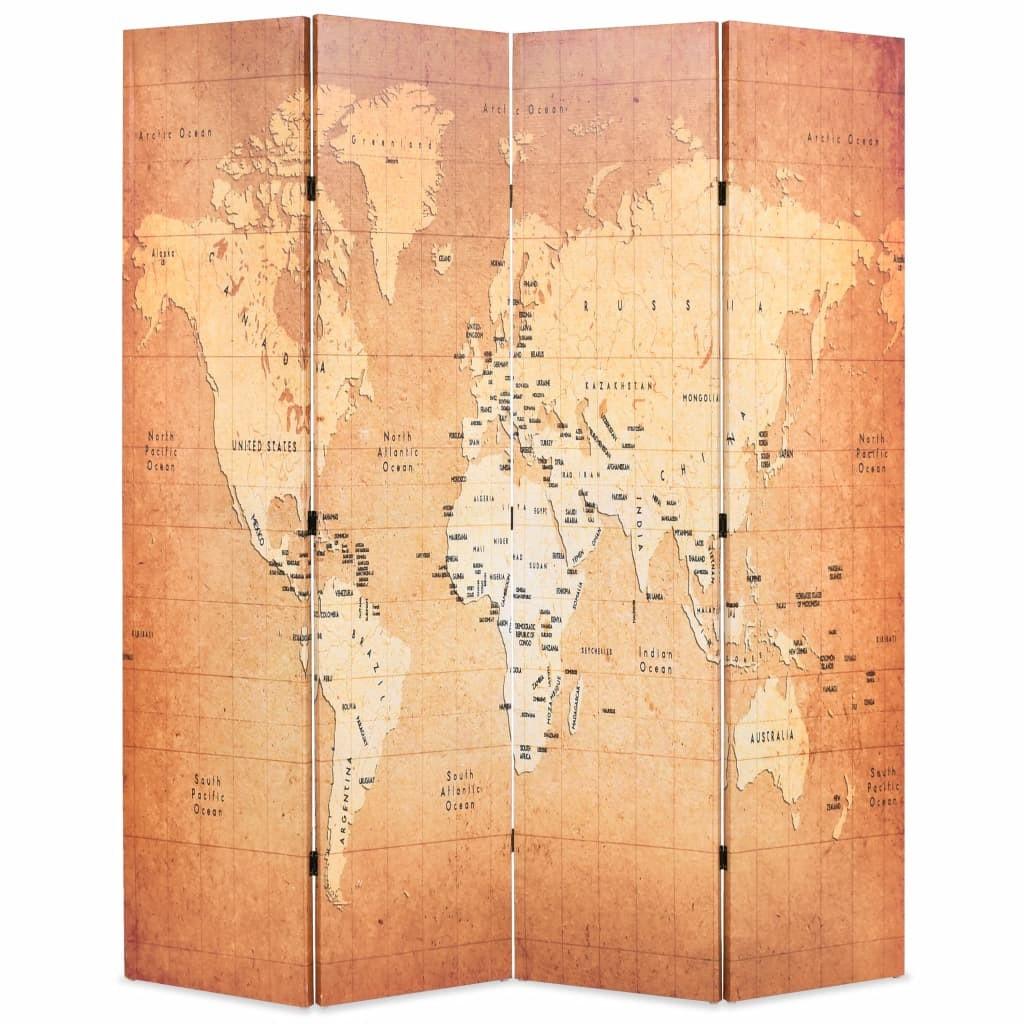 Foldbar rumdeler 160 x 170 cm verdenskort gul