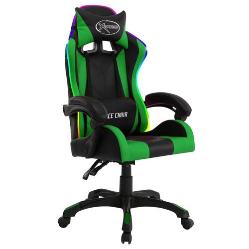 Gamingstol m. LED-lys RGB-farver kunstlæder grøn og sort