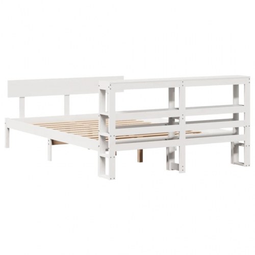 Sengeramme uden madras 150x200 cm i massivt fyrretræ - hvid med opbevaringshylder