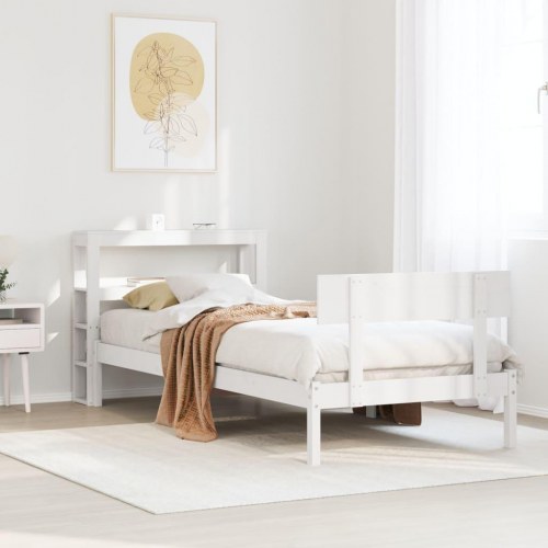 Sengeramme 90x190 cm i massivt fyrretræ - hvid med sengegavl og hylder