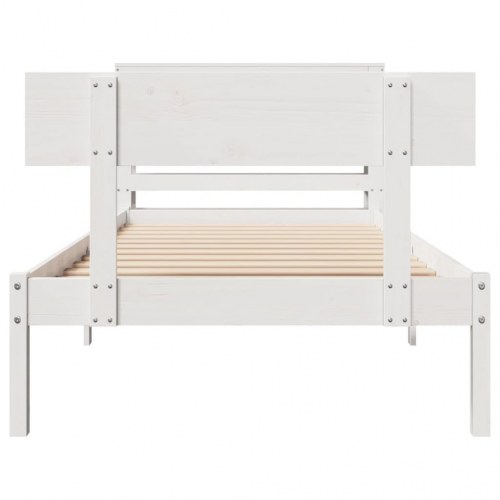 Sengeramme 90x190 cm i massivt fyrretræ - hvid med sengegavl og hylder