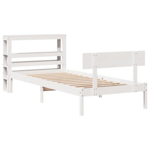 Sengeramme uden madras 75×190 cm - massivt fyrretræ, hvid med hylder