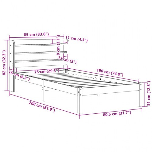 Sengeramme i massivt fyrretræ med hylder 75 x 190 cm - hvid