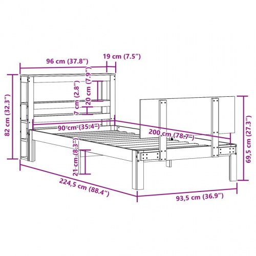 Sengeramme med sengegavl 90x200 cm i massivt fyrretræ