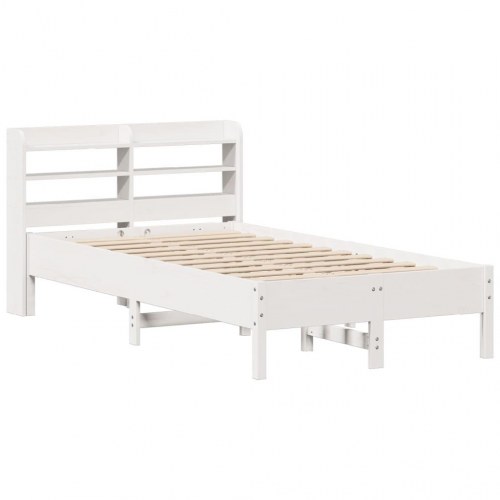 Sengeramme i massivt fyrretræ - 120 x 190 cm, hvid, med hovedgærde og hylder
