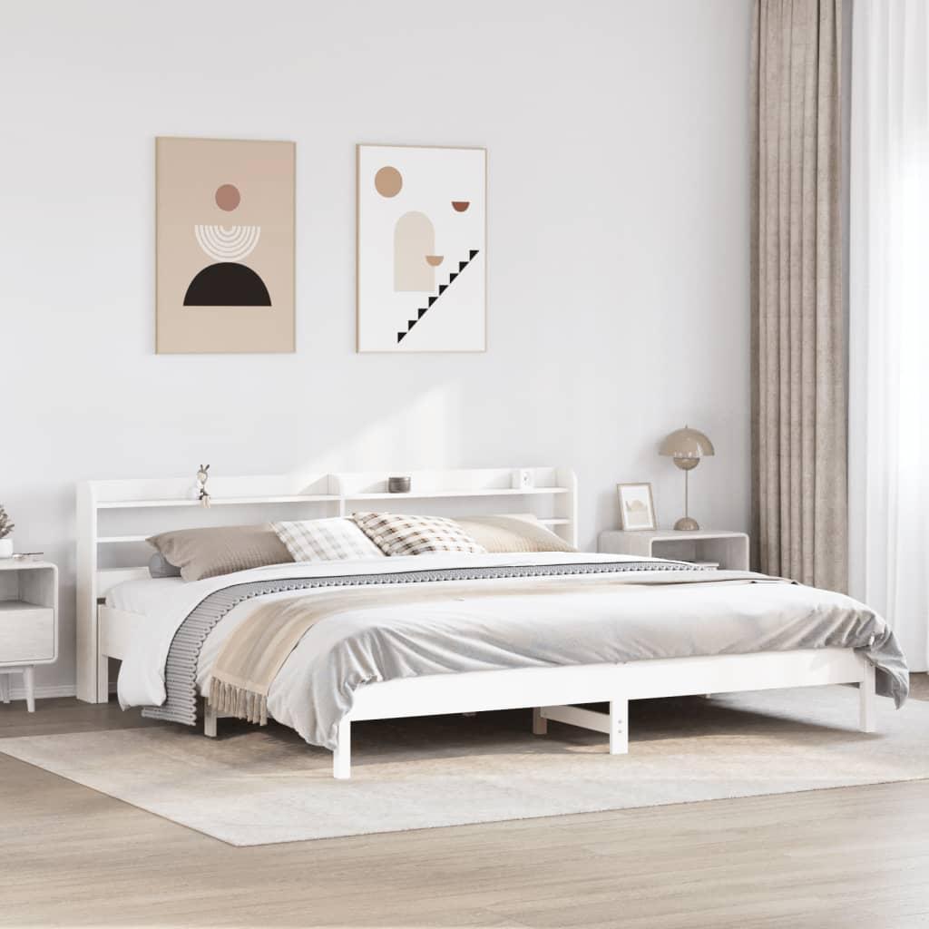 Sengeramme i massivt fyrretræ - 180 x 200 cm, hvid med hovedgærde og hylder
