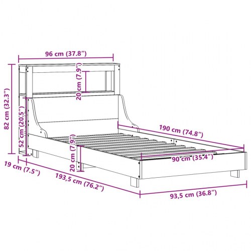 Sengeramme 90x190 cm i massivt fyrretræ - hvid med hylder