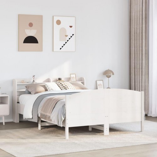 Sengeramme 120x200 cm i massivt fyrretræ - hvid med hylde-hovedgærde