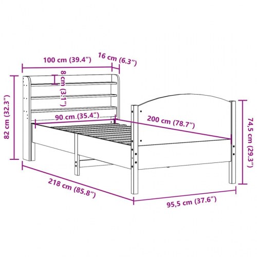 Sengeramme 90x200 cm i massivt fyrretræ - hvid med hylde-hovedgærde