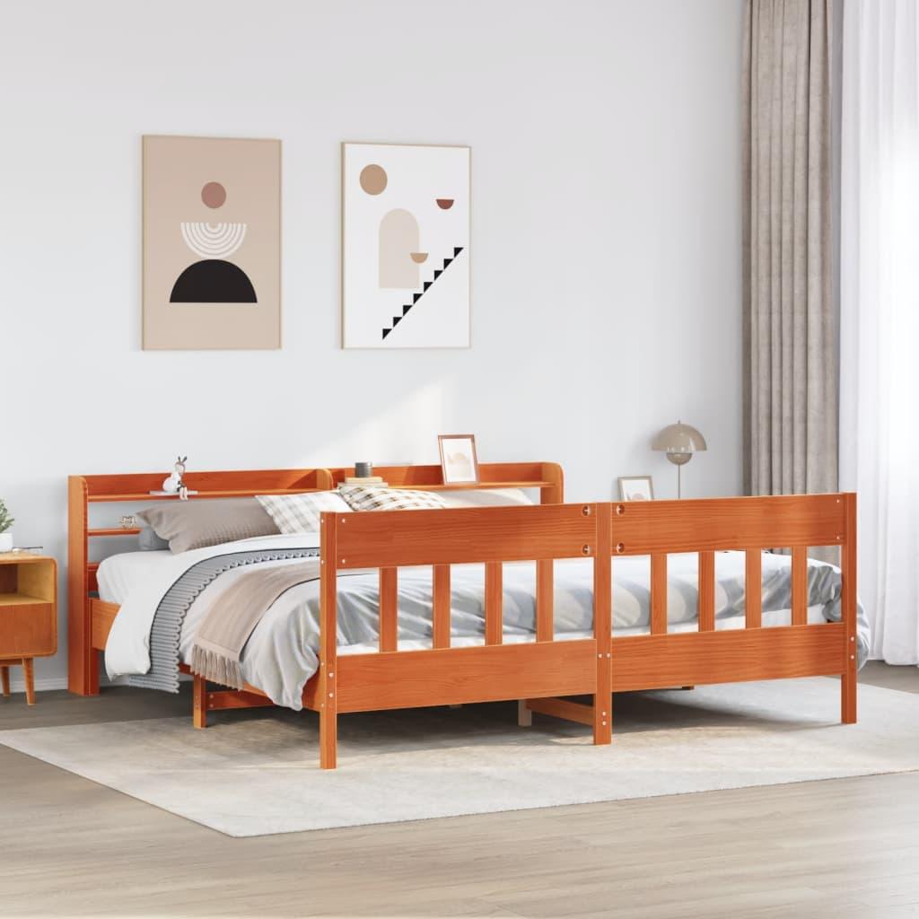 Sengeramme 180x200 cm i massivt fyrretræ - gyldenbrun med hovedgærde og hylder