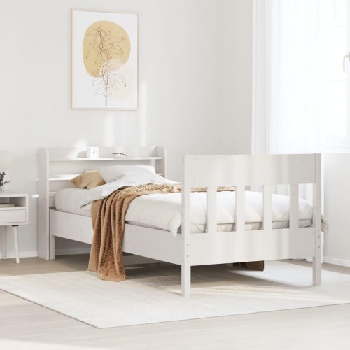 Sengeramme med hylde-hovedgærde 90x190 cm - massivt fyrretræ, hvid