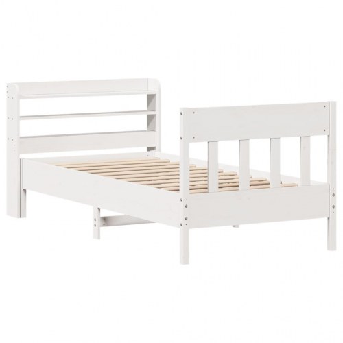Sengeramme med hylde-hovedgærde 90x190 cm - massivt fyrretræ, hvid