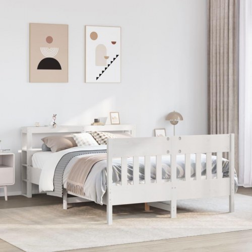 Sengeramme 150 x 200 cm i massivt fyrretræ - hvid med hylder