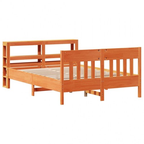 Sengeramme i massivt fyrretræ 160x200 cm - gyldenbrun med sengegavl og hylder