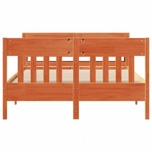 Sengeramme i massivt fyrretræ 160x200 cm - gyldenbrun med sengegavl og hylder