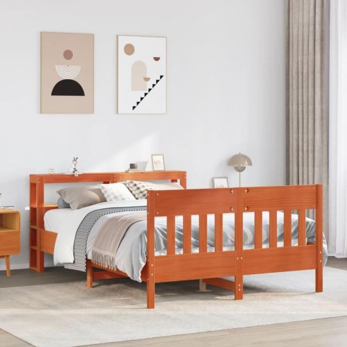 Sengeramme i massivt fyrretræ 120x200 cm - gyldenbrun med sengegavl og hylder