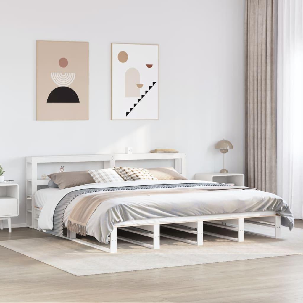 Sengeramme 180x200 cm i massivt fyrretræ - hvid med sengegavl og hylder