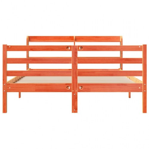 Sengeramme 120x190 cm i massivt fyrretræ - gyldenbrun med hovedgærde og hylder