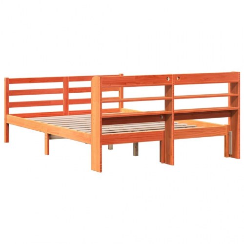 Sengeramme 120x190 cm i massivt fyrretræ - gyldenbrun med hovedgærde og hylder