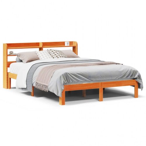 Sengeramme 140x190 cm i massivt fyrretræ - gyldenbrun med hovedgærde og hylder