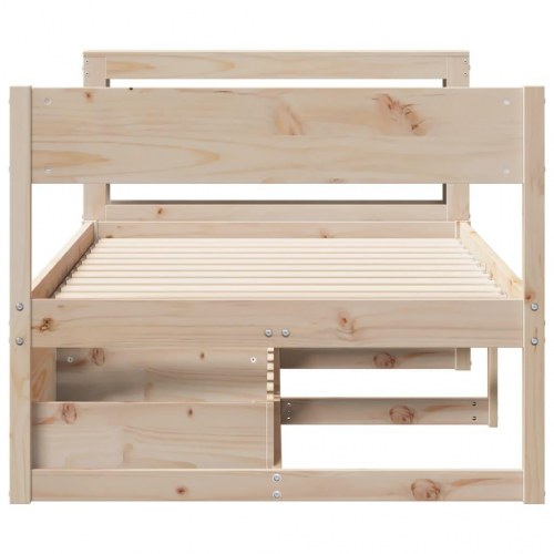 Sengeramme 90x200 cm med hyldegavl og 2 skuffer - massivt fyrretræ (ubehandlet)