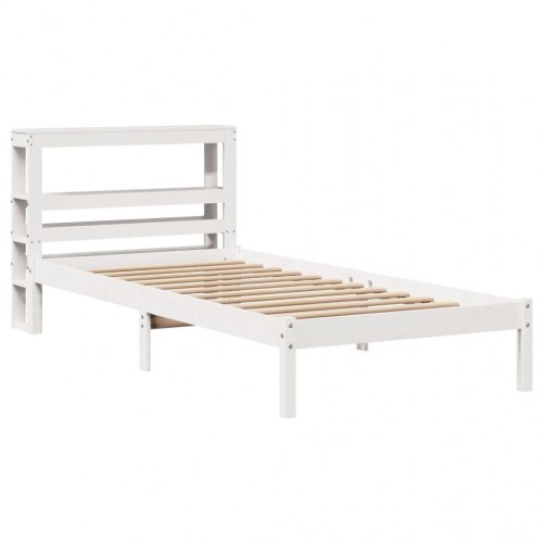 Sengeramme 90x200 cm i massivt fyrretræ - hvid med hylde-gavl