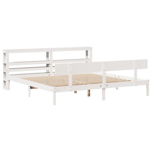 Sengeramme uden madras 180×200 cm - massivt fyrretræ, hvid med sengegavl og hylder