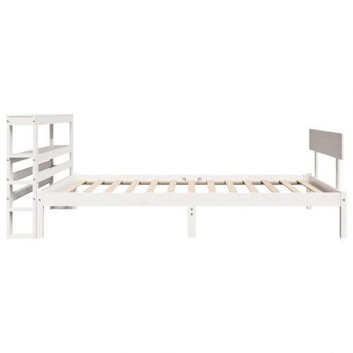 Sengeramme 90x200 cm i massivt fyrretræ - hvid med sengegavl og hylder