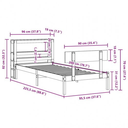 Sengeramme 90x200 cm i massivt fyrretræ - hvid med sengegavl og hylder