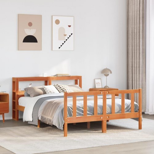 Sengeramme med sengegavl 150x200 cm - massivt fyrretræ, gyldenbrun