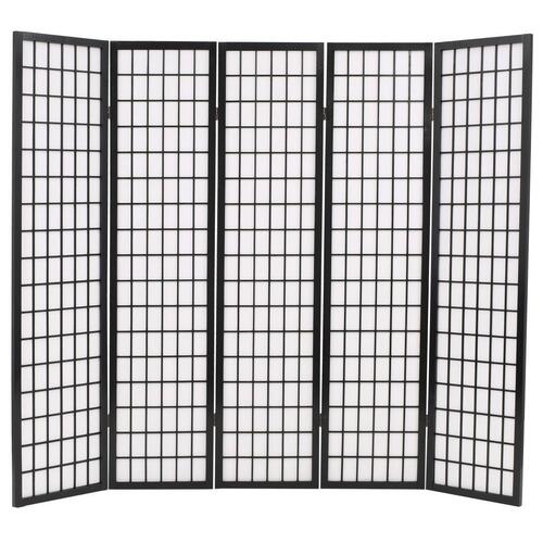Foldbar 5-panels rumdeler japansk stil 200 x 170 cm sort