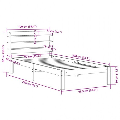 Sengeramme med sengegavl 90 x 200 cm i massivt fyrretræ