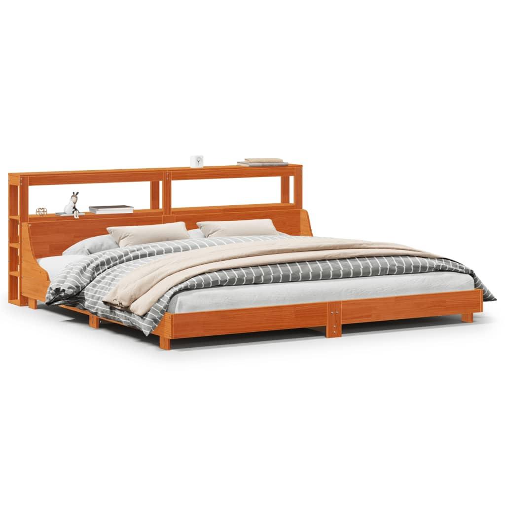 Sengeramme 200x200 cm i massivt fyrretræ - gyldenbrun med sengegavl og hylder
