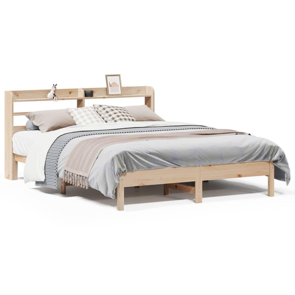 Sengeramme 135x190 cm i massivt fyrretræ - hvid med hovedgærde og hylder