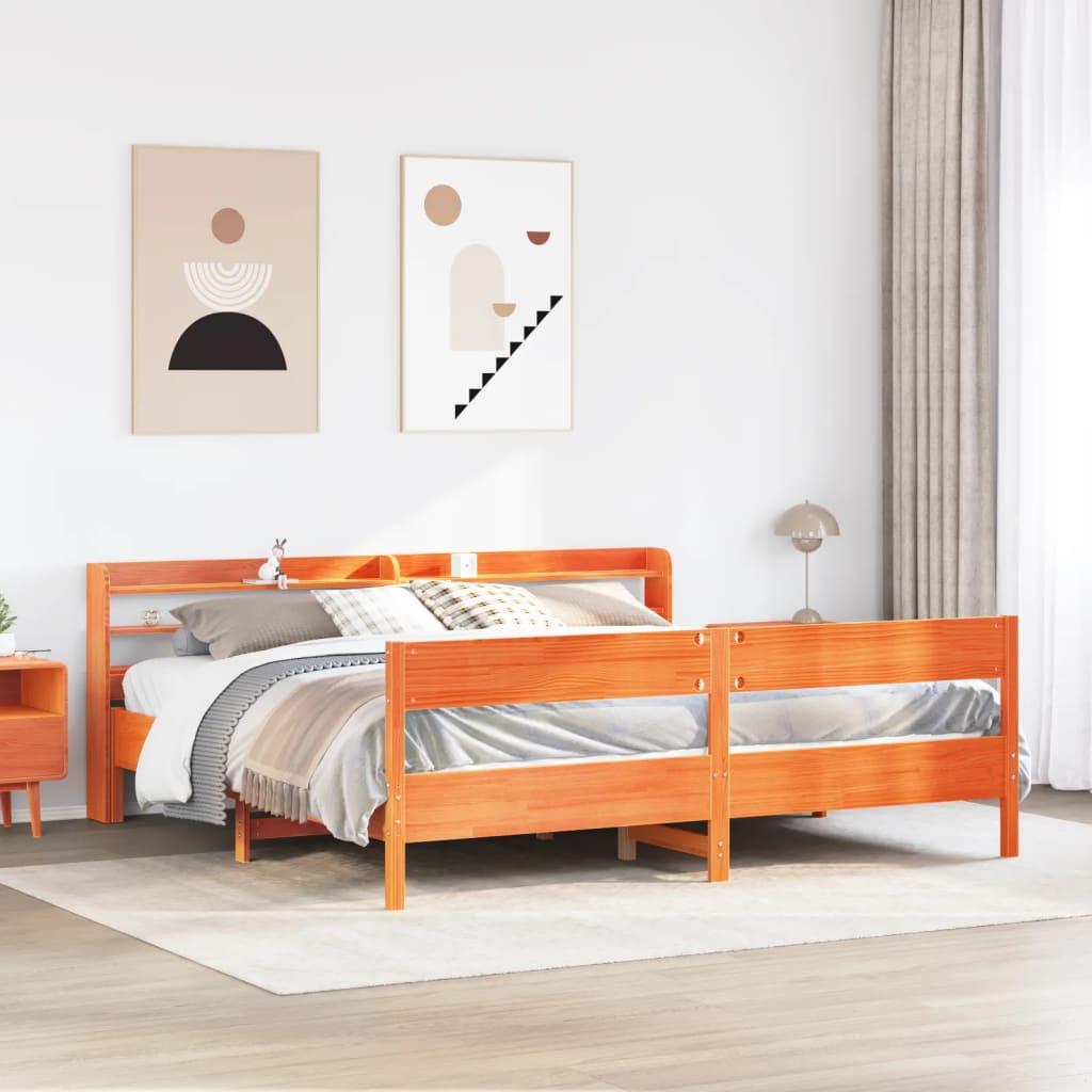 Sengeramme 180x200 cm i massivt fyrretræ - gyldenbrun med hovedgærde og hylder