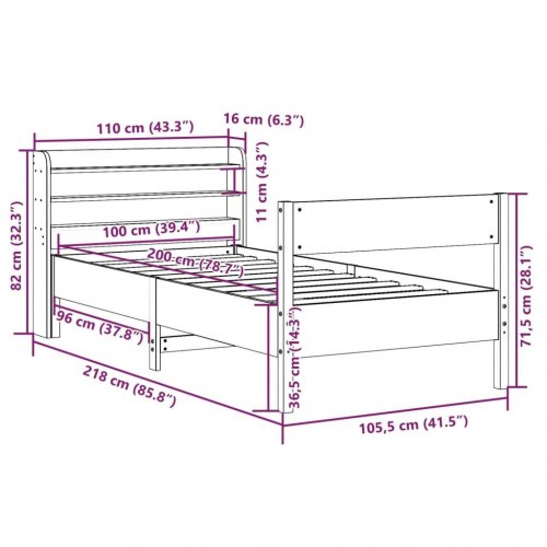 Sengeramme i massivt fyrretræ med hylder 100x200 cm - hvid