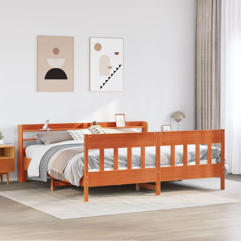 Sengeramme i massivt fyrretræ 200x200 cm - gyldenbrun med hovedgærde og hylder