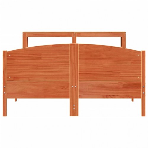 Sengeramme 150 x 200 cm i massivt fyrretræ - gyldenbrun med sengegavl og hylder
