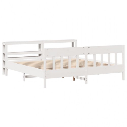 Sengeramme 200x200 cm i massivt fyrretræ - hvid med sengegavl og hylder