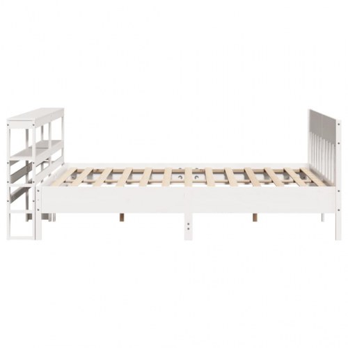 Sengeramme 200x200 cm i massivt fyrretræ - hvid med sengegavl og hylder