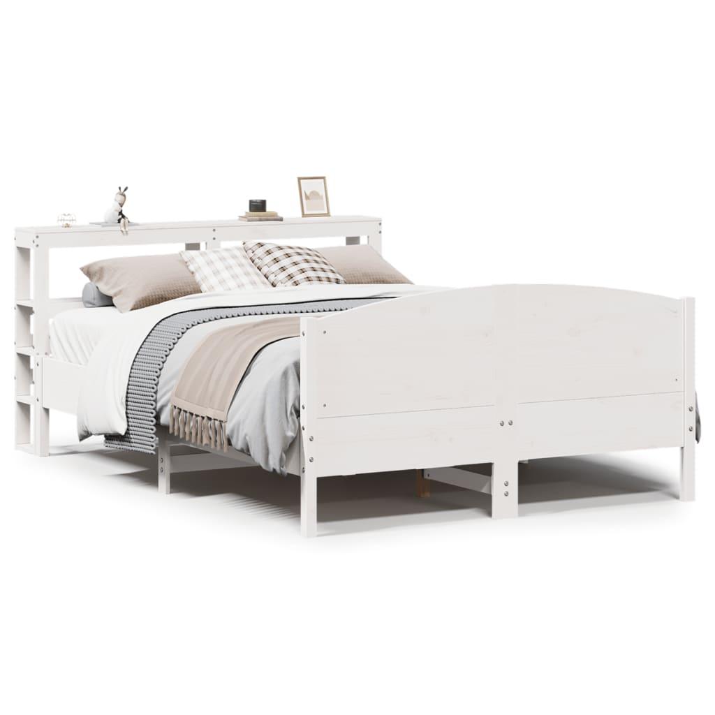 Sengeramme 140x190 cm i massivt fyrretræ - hvid med opbevaringshylder