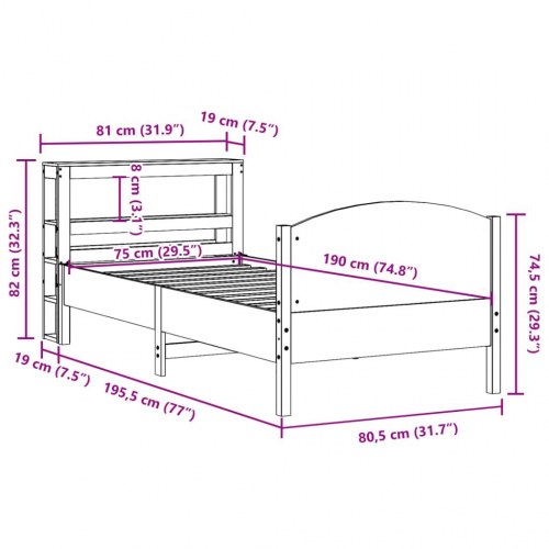 Sengeramme i massivt fyrretræ 75×190 cm - gyldenbrun med sengegavl og hylder