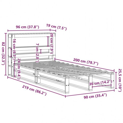 Sengeramme uden madras 90 x 200 cm med hylder - massivt fyrretræ