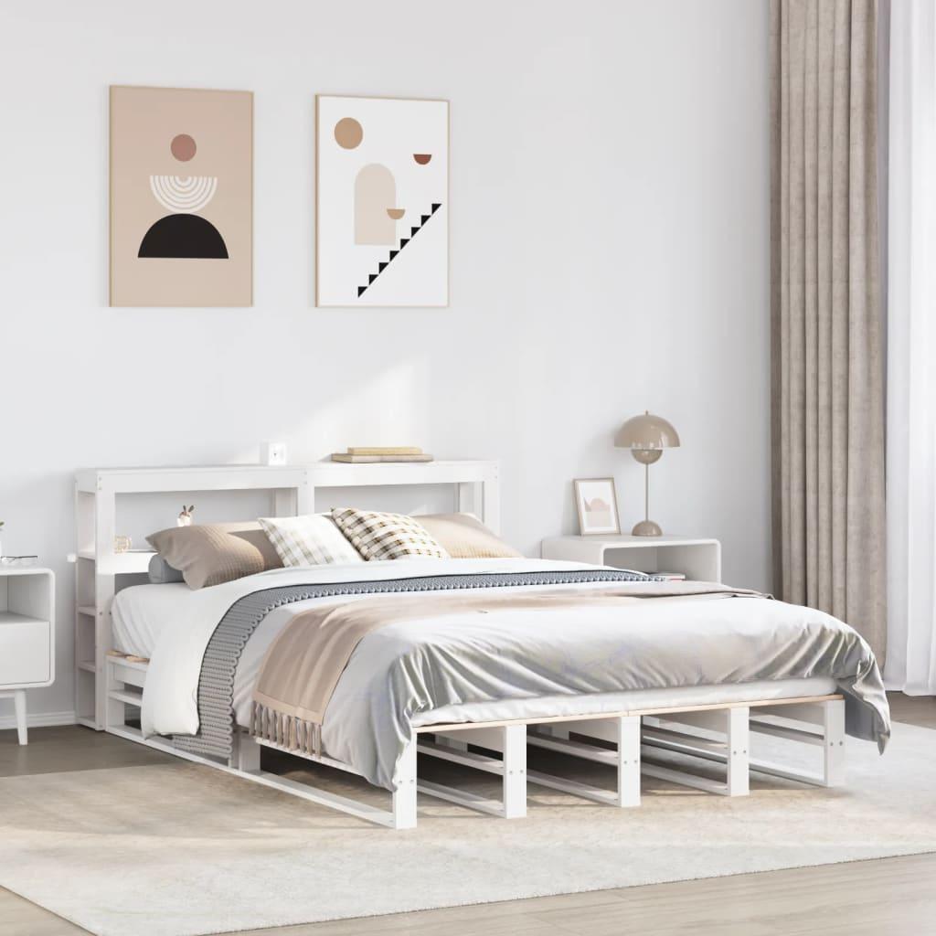 Sengeramme 120x190 cm i massivt fyrretræ - hvid med sengegavl og hylder