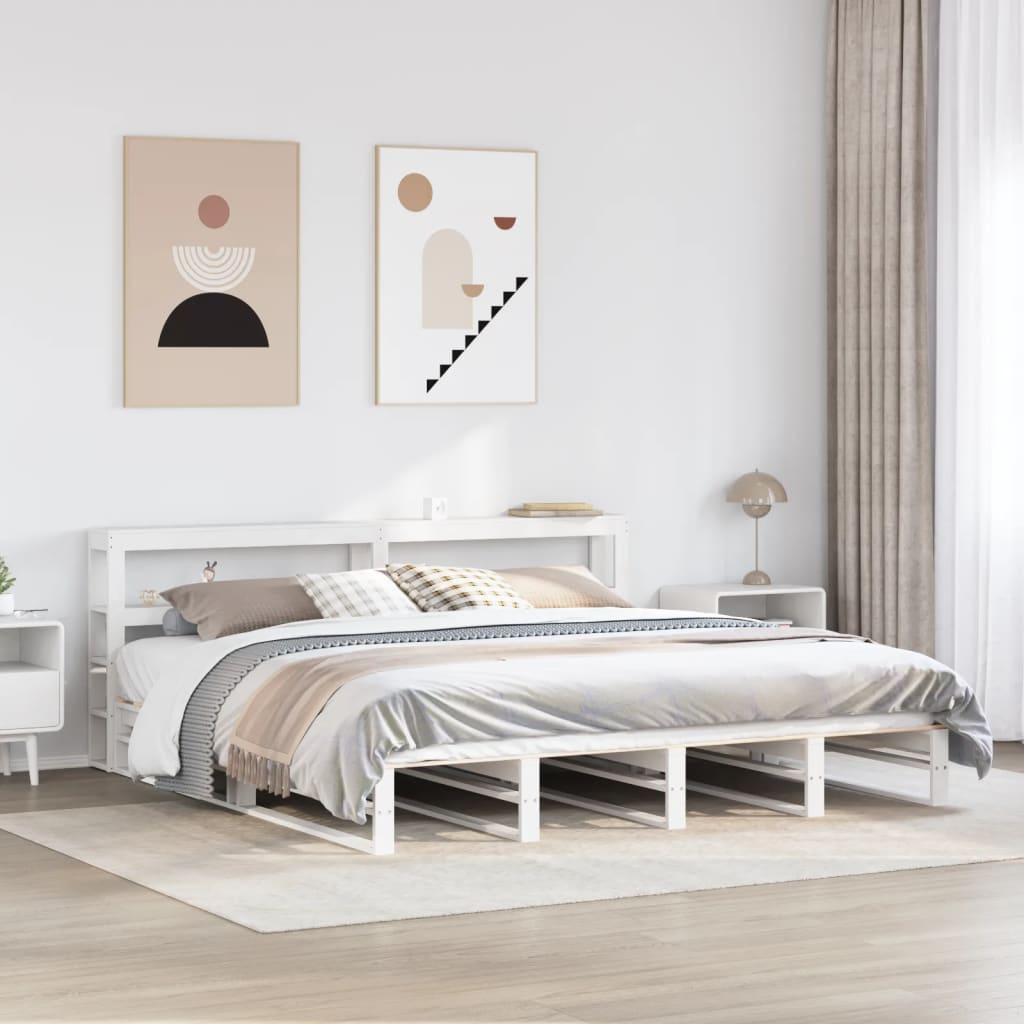 Sengeramme 200x200 cm i massivt fyrretræ - hvid med sengegavl og hylder