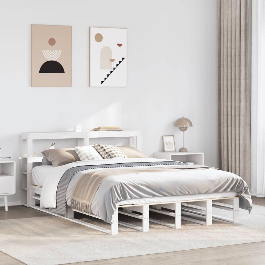 Sengeramme 150x200 cm i massivt fyrretræ - hvid med sengegavl og hylder