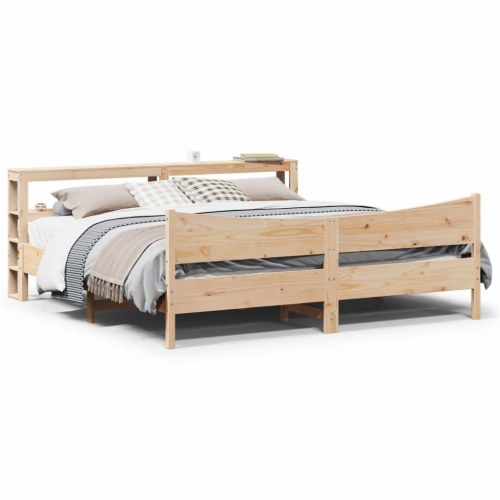 Sengeramme med sengegavl 200x200 cm - massivt fyrretræ med hylder
