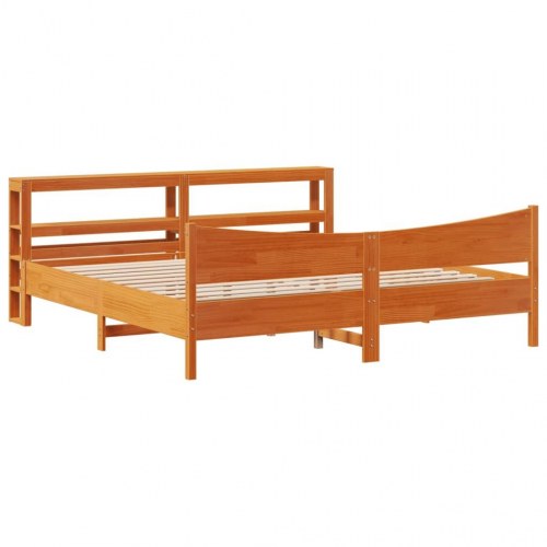 Sengeramme 200x200 cm med sengegavl og hylder - massivt fyrretræ, gyldenbrun