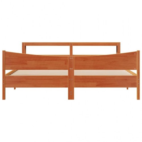 Sengeramme 200x200 cm med sengegavl og hylder - massivt fyrretræ, gyldenbrun